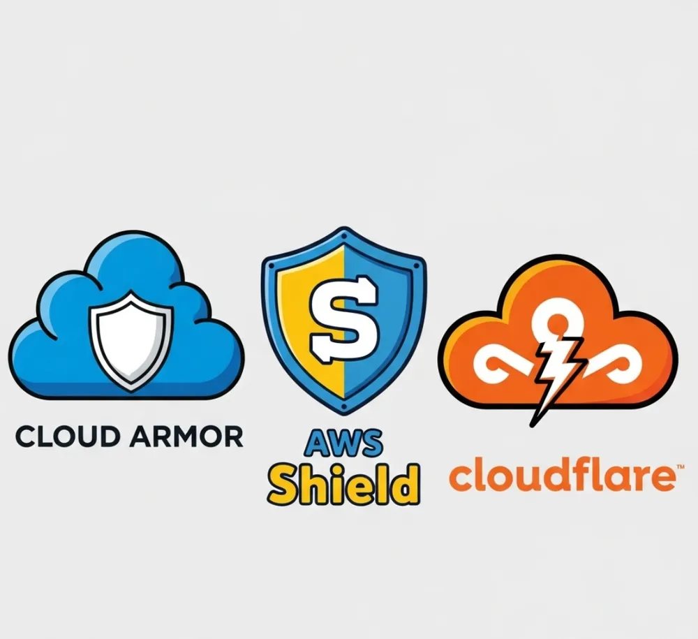 Comparison diagram showing Cloudflare, AWS Shield, and Google Cloud Armor logos with DDoS protection shields
